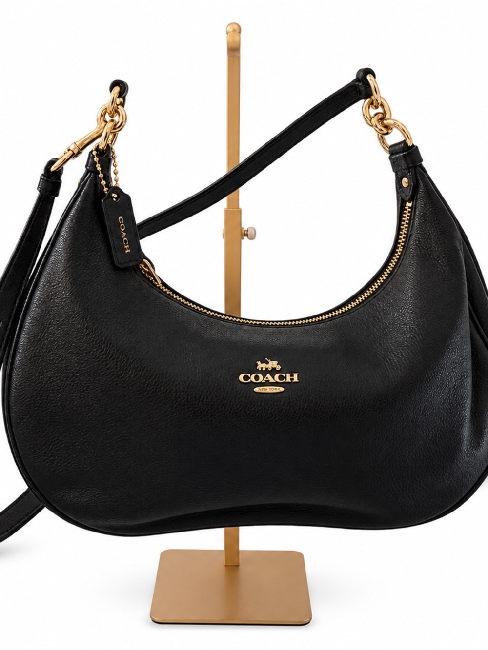 Coach Black Leather Crescent Shoulder Bag with Gold Hardware